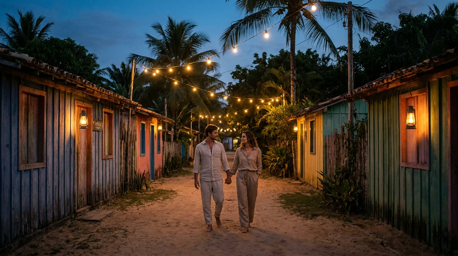 Casal caminhando em vila de Caraíva ao entardecer