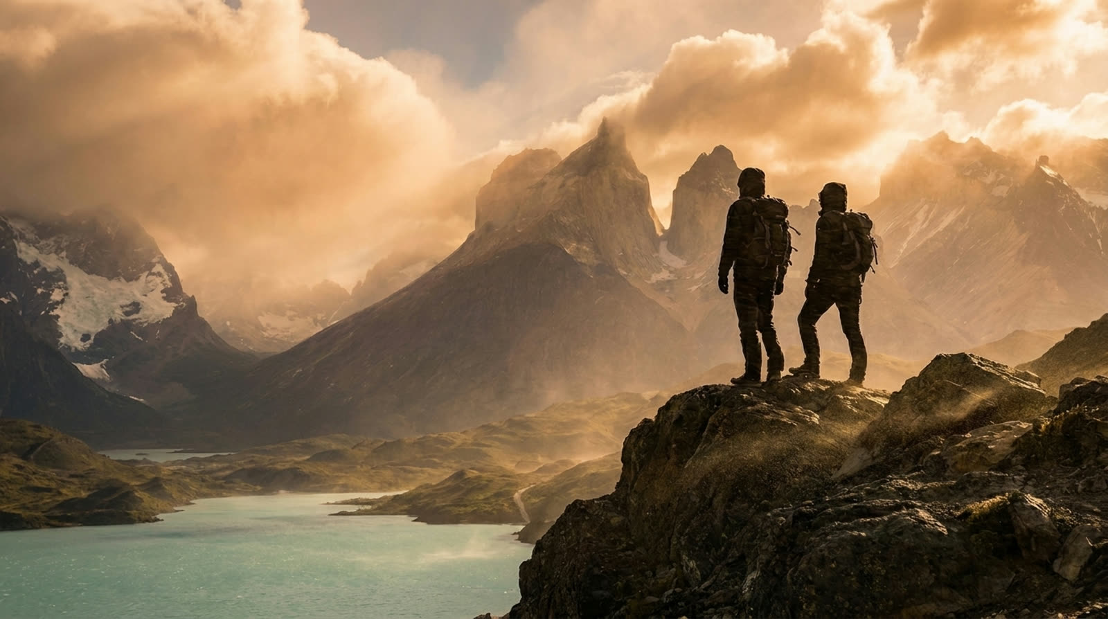 Viajantes diante dos Andes na Patagônia chilena