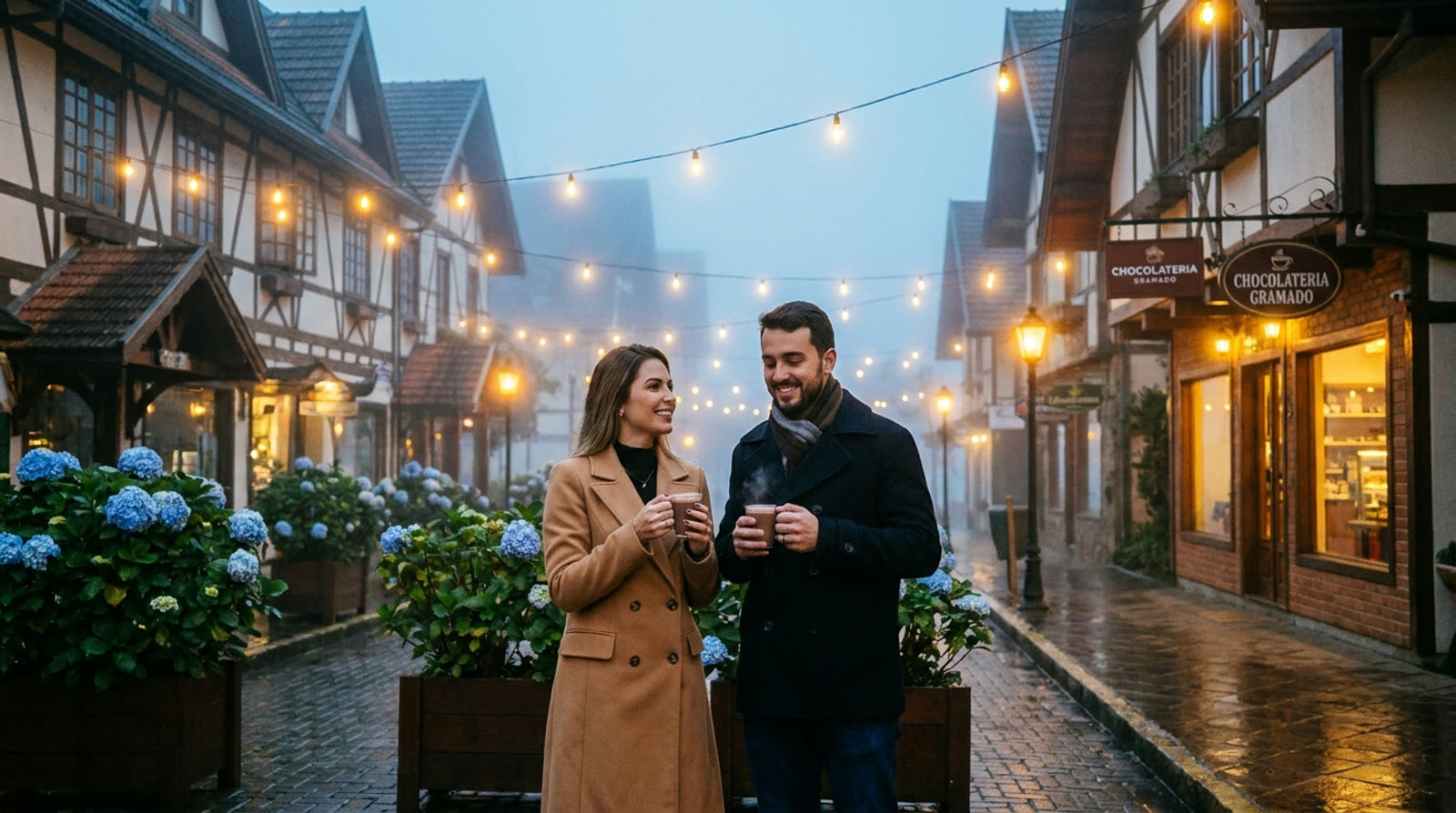 Casal com chocolate quente em rua europeia de Gramado
